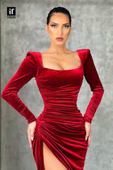 34133 - Elegant Long Sleeves Pleats Side Split Prom Formal Dress