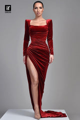 34133 - Elegant Long Sleeves Pleats Side Split Prom Formal Dress