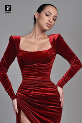 34133 - Elegant Long Sleeves Pleats Side Split Prom Formal Dress