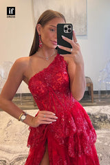 34134 - A-Line One Shoulder Sequins Appliques Tiered Side Split Prom Dress