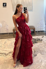 34134 - A-Line One Shoulder Sequins Appliques Tiered Side Split Prom Dress