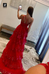34134 - A-Line One Shoulder Sequins Appliques Tiered Side Split Prom Dress