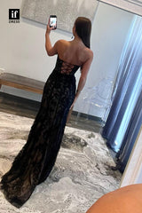 34136 - Off-Shoulder V-Neck Lace Appliques Side Split Sheath Prom Formal Dress