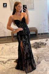 34136 - Off-Shoulder V-Neck Lace Appliques Side Split Sheath Prom Formal Dress