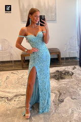 34137 - Charming Off-Shoulder Sweetheart Appliques Side Split Prom Formal Dress