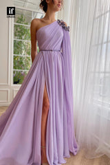 34144 - Charming One Shoulder Beads High Split A-Line Pleats Prom Formal Dress