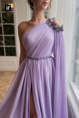 34144 - Charming One Shoulder Beads High Split A-Line Pleats Prom Formal Dress