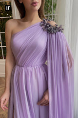 34144 - Charming One Shoulder Beads High Split A-Line Pleats Prom Formal Dress
