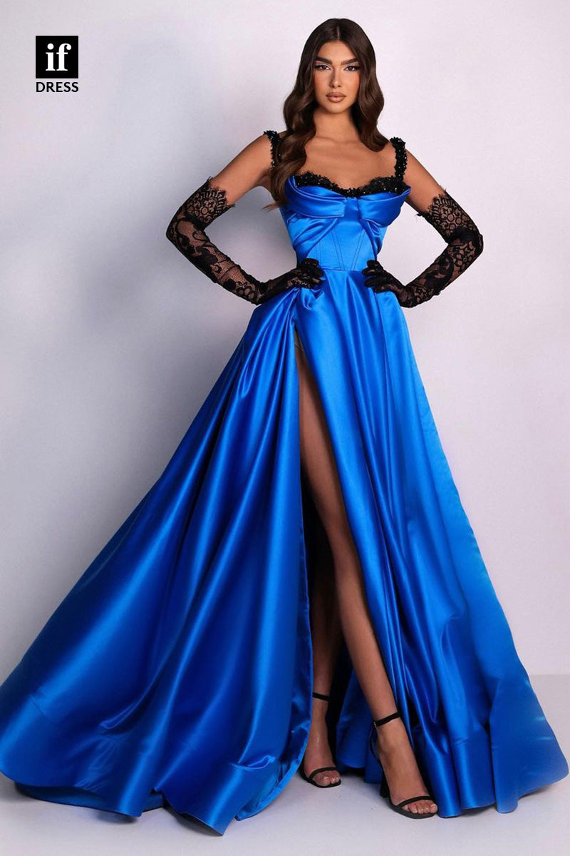 34146 - Sexy Spaghetti Straps A-Line High Slit Prom Formal Evening Dress