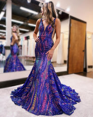 Sparkly Trumpet/Mermaid V-Neck Sleeveless Floor-Length Long Prom Dresses With Sequins Sexy