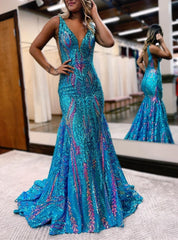 Sparkly Trumpet/Mermaid V-Neck Sleeveless Floor-Length Long Prom Dresses With Sequins Sexy
