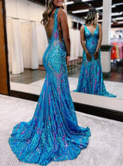 Sparkly Trumpet/Mermaid V-Neck Sleeveless Floor-Length Long Prom Dresses With Sequins Sexy