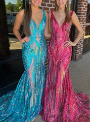 Sparkly Trumpet/Mermaid V-Neck Sleeveless Floor-Length Long Prom Dresses With Sequins Sexy