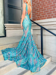 Sparkly Trumpet/Mermaid V-Neck Sleeveless Floor-Length Long Prom Dresses With Sequins Sexy