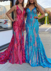 Sparkly Trumpet/Mermaid V-Neck Sleeveless Floor-Length Long Prom Dresses With Sequins Sexy