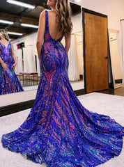Sparkly Trumpet/Mermaid V-Neck Sleeveless Floor-Length Long Prom Dresses With Sequins Sexy