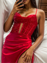 Sheath/Column Spaghetti Straps Sleeveless Floor-Length Long Prom Dresses With Sequins & Split Side Sexy