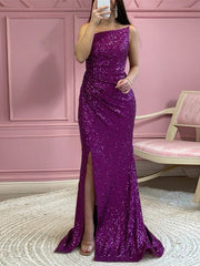 Trumpet/Mermaid Sequins Strapless Sleeveless Floor-Length Long Prom Dresses With Split Side Sparkly