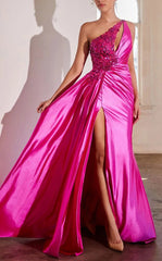 Sheath/Column One-Shoulder Floor-Length Prom Floral Dresses With Split Side Sparkly