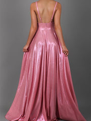 A-Line/Princess Sleeveless V Neck Floor-Length Prom Dresses With Pleats Sexy