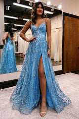 34172 - Spaghetti Straps A-Line V-Neck Side Split Prom Formal Dress
