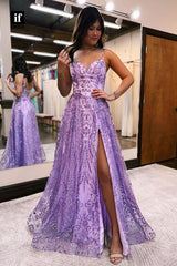 34172 - Spaghetti Straps A-Line V-Neck Side Split Prom Formal Dress