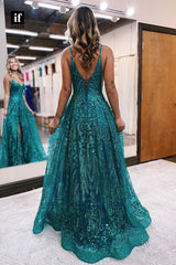 34172 - Spaghetti Straps A-Line V-Neck Side Split Prom Formal Dress