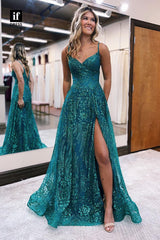 34172 - Spaghetti Straps A-Line V-Neck Side Split Prom Formal Dress