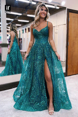 34172 - Spaghetti Straps A-Line V-Neck Side Split Prom Formal Dress