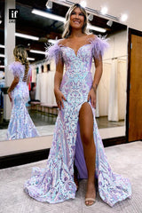 34173 - Honorable Sweetheart Side Split Feathers Mermaid Prom Formal Dress