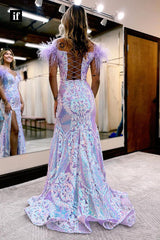 34173 - Honorable Sweetheart Side Split Feathers Mermaid Prom Formal Dress