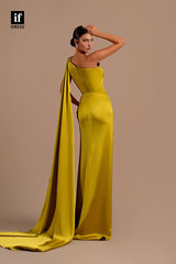 34179 - Classic One Shoulder Pleats High Slit Prom Formal Evening Dress