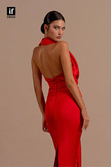 34183 - Unique Halter Red Pleats Sleeveless Satin Prom Evening Formal Dress
