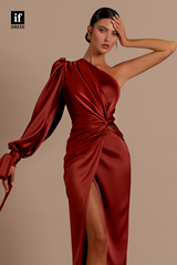 34184 - One Shoulder High Slit Long Sleeve Prom Formal Dress with Slit