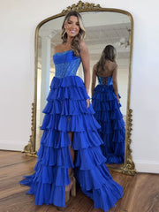 A-Line Chiffon Blue Long Prom Dress, Blue Long Evening Dress