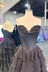 Yellow Sweetheart Ruffle Chiffon Tiered Long Prom Dresses