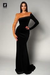 34313 - Amazing Long Sleeves Beaded Velvet Long Prom Formal Evening Dress