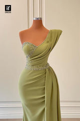 34349 - Elegant One Shoulder Pleats Beads Slit Prom Formal Evening Dress