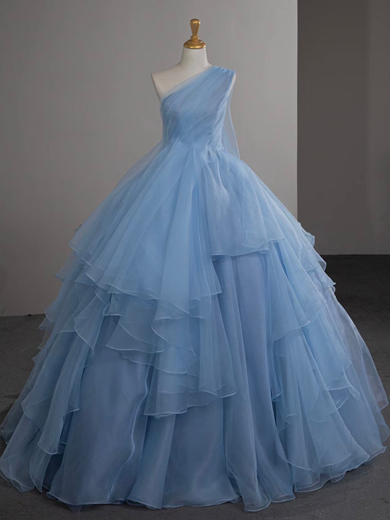A-Line One Shoulder Tulle Blue Long Prom Dress, Blue Long Evening Dress