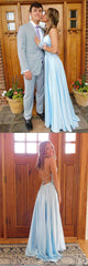Simple blue satin long prom dress, blue long evening dress