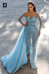 34618 - Charming A-Line Long Sleeves Beads Pleats Prom Evening Formal Dress