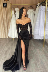 34652 - Sexy Off Shoulder V-Neck Long Sleeves Pleats Prom Evening Formal Dress