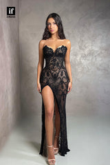 34776 - Gorgeous Strapless V-Neck Appliques High Slit Sleeveless Prom Party Dress