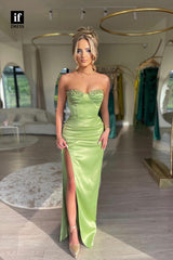 34813 - Classy Strapless Pelats Beads Side Slit Prom Evening Party Dress