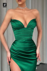 34903 - Classic Strapless V-Neck Pleats Sleeveless Prom Party Bridesmaid Dress With Slit