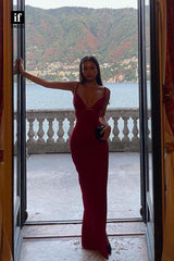 34908 - Sexy/Hot Straps V-Neck Sheath/Column  Prom Evening Formal Dress with Slit