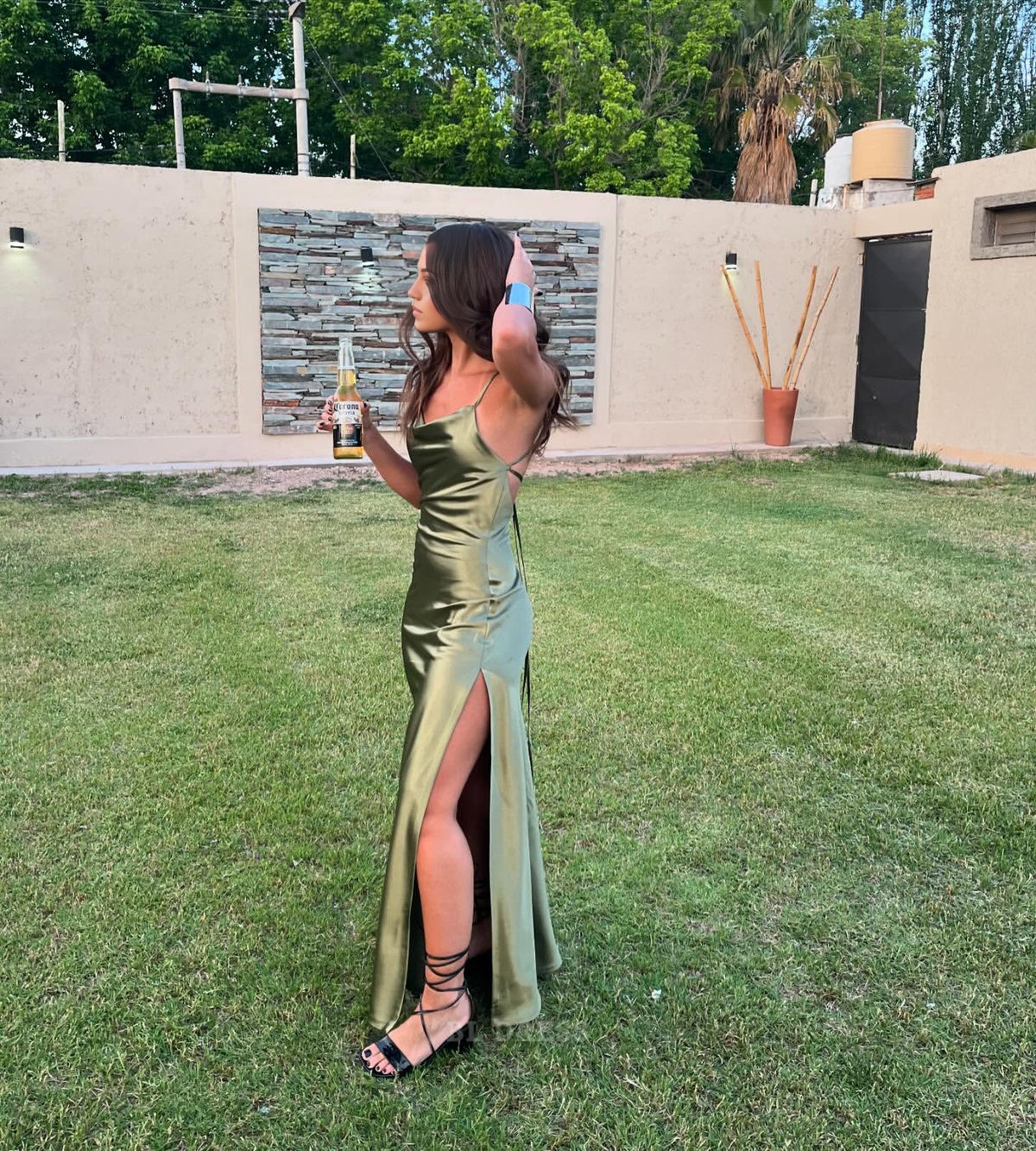 Sheath Spaghetti Straps Backless Green Satin formal dresses Bridesmaid Dresses evening gown Prom Dress With Split