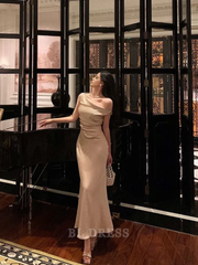 Mermaid One Shoulder Satin Champagne formal dresses Bridesmaid Dresses evening gown Prom Dress