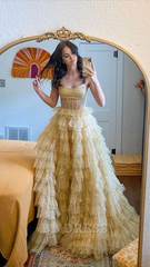 A-line Strapless Tulle Gold Layers Long formal dresses Bridesmaid Dresses evening gown Prom Dress