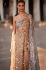 35000 - Strking One Shoulder Sequins High Split Long Party Evening Dress